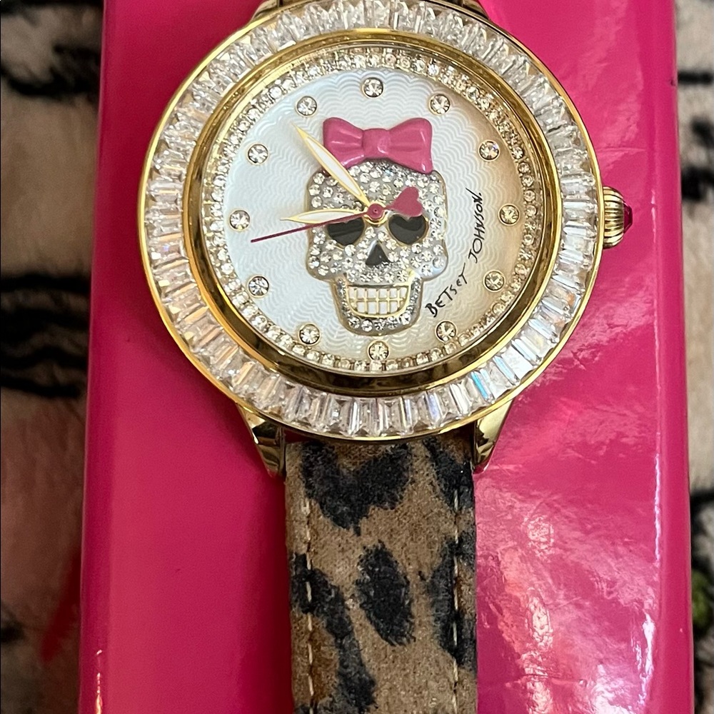 Betsey Johnson XOXO Rhinestone Skull watch with leopard print leather band